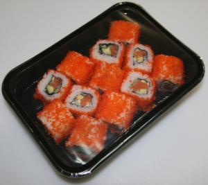 Упаковка суши на запайщике лотков Poseidon Jolly